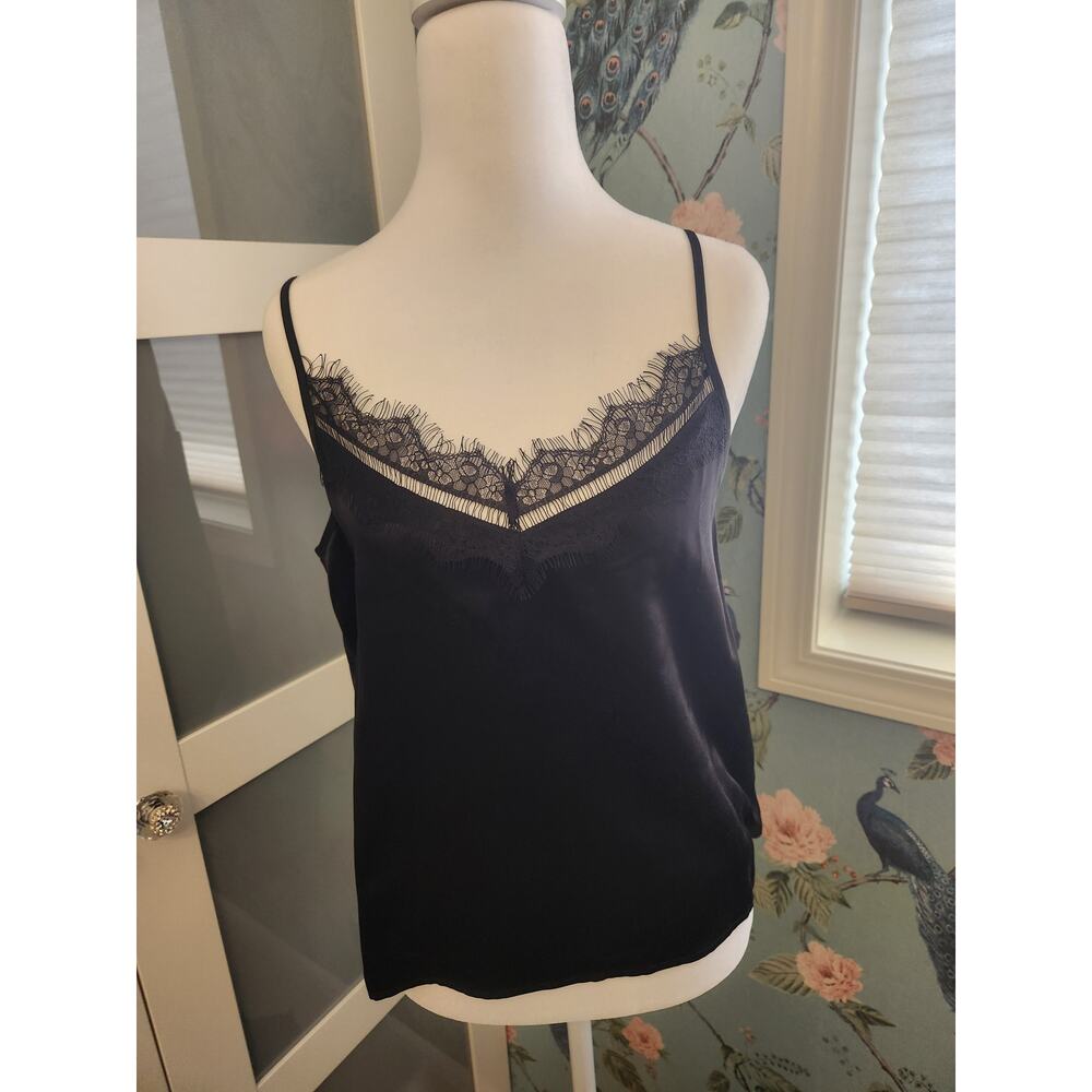 LILYSILK Black Silk Camisole Top – Lace Trim – 100% Mulberry Silk – Size S